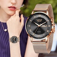 {Aishang watch industry}LIGE นาฬิกาควอตซ์นาฬิกาข้อมือกันน้ำเรียบง่ายสแตนเลสทองกุหลาบนาฬิกาสุภาพสตรี Relogio Feminino