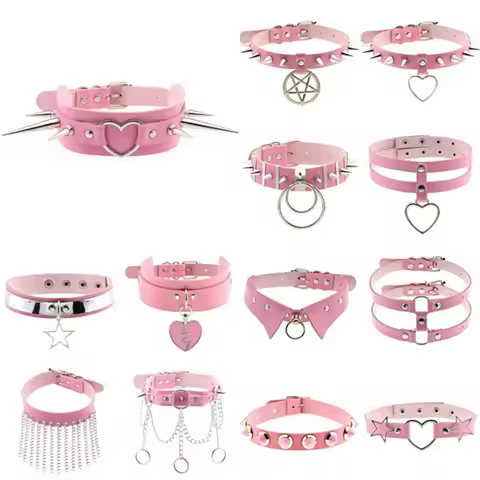 2021 Fashion Goth Harajuku Pink Leather Choker Necklaces For Women Boho Chains on The Neck Egirls Ne