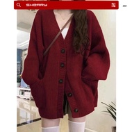 Jacket loose Sherry red cardigan, Korean fashion style plain red cardigan