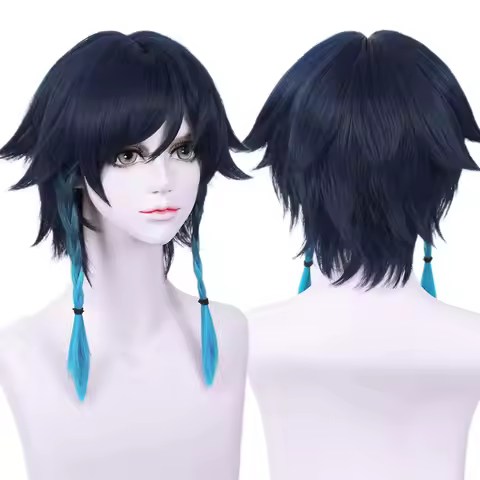 Game Genshin Impact Navy Blue Wigs for Venti Cosplay Costume 2 Tone Anime Braided Hair Wigs with Bra
