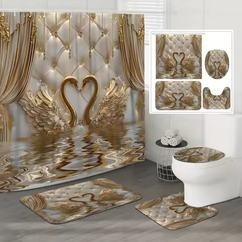 Luxurious Gold Swan Bathroom Four-Piece Set - Elegant Design with 3D Swans and Quilted Patterns for 