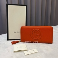 GUCCI 308004 經典雙G LOGO牛皮SOHO 流蘇吊飾拉鍊長夾 橘色 二手精品