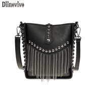 DIINOVIVOWomen Tassel Shoulder Bag Punk Rivet Ladies Messenger Bag Small Bucket Bag Female Crossbody