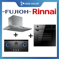 FUJIOH FR-CL1890 CHIMNEY HOOD WITH OIL SMASHER TECHNOLOGY + RINNAI RB-3CGN 3 BURNER INNER FLAME GLASS HOB + FUJIOH FV-EL61 70L BUILT-IN OVEN