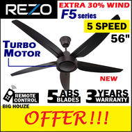 [UPGRADED MOTOR] Rezo 5 SPEED F5 Series Remote Control Ceiling Fan 56 inch 5 ABS Blades (Black)