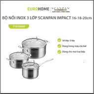 Set Of 3 Stainless Steel Pots Using Scanpan Impact Induction Hob size 16-18-20cm 71070000, High-grade 18 / 10 Stainless Steel, Safe For Health, 100% Induction Hob