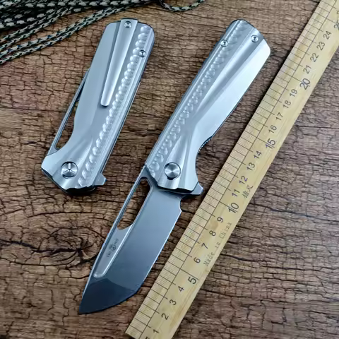 TWOSUN TS490 Folding Knife 3.6 Inches 14C28N Blade Gray Titanium Handle for Outdoor Camping Hunting 