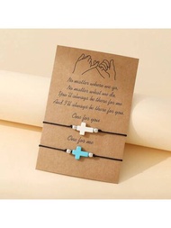 Conjunto de 2 pulseras tejidas simples vintage decoradas con turquesa y cruz para parejas de amigos para hombres