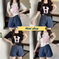 Mini shop (5A90) Short-Sleeved Knitted Shirt Round Neck With Letter Pattern H