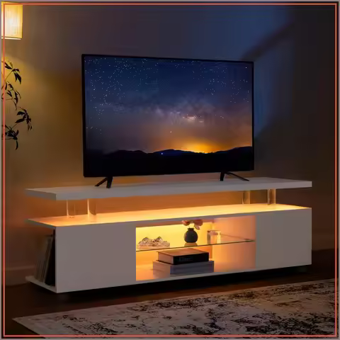 White TV Stand for 60 inch TV, LED Entertainment Center with Storage