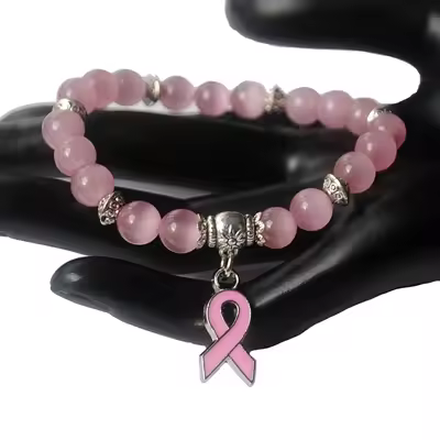 5 Color Breast Cancer Awareness Pink Ribbon Charm Bracelet 5 Color Cat Eye Opal 8mm Beads Bracelets 