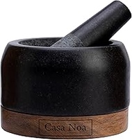 Casa Noa Mortar and Pestle Set with Wood Base - Heavy &amp; Solid Polished Granite - 100% Natural, Large Guacamole Bowl, Stone Grinder, Molcajete Bowl, Anti-Scratch, 1.8 Cup Capacity, 5.8-Inch Pestle