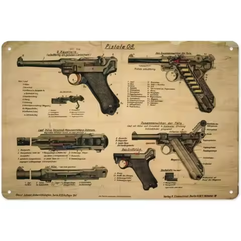 WW2 Luger Pistol 08 Pattern Metal Plate Art Print Vintage Gun Theme Wall Decor Retro Style Home Offi