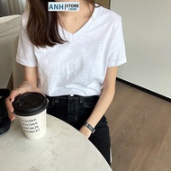ANHSTORE women's V-neck turtleneck t-shirt, short sleeves, Korean style women's paper turtleneck t-s