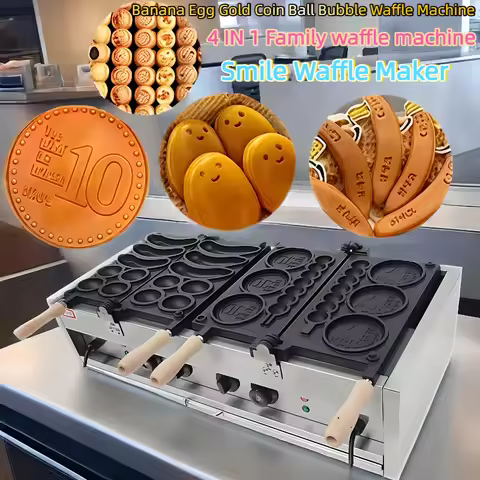 Commercial 4 in 1 Banana Egg Gold Coin Ball Bubble Waffle Machine Korean Bread Baking Machine Won Cu