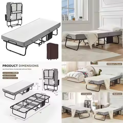 75X 31 Folding Rollaway Bed with 5 Foam Mattress for Adults Portable Guest Bed with Side Pocket amp 