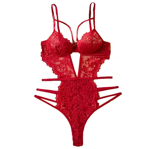 Women Red Lace Spaghetti Strap Bodysuit One Piece Sleepwear
