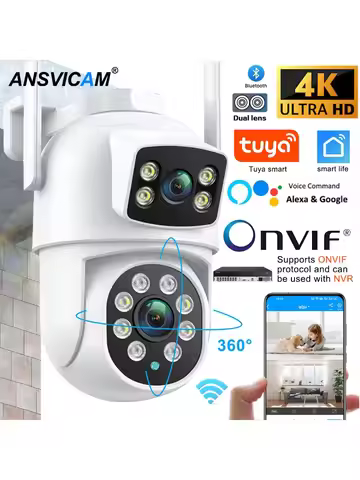ANSVICAM Tuya Wifi IP Camera 8K with Alexa Google Onvif NVR Dual Lens Camera PTZ Outdoor 4K Dual Scr