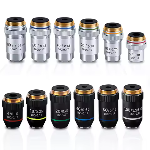 Biological Microscopes Lens 4X 10X 20X 40X 60X 100X(oil) Achromatic Objective Lens Silver Black Shel