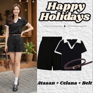 Women's Short Sleeve Crop Top Set (Top, Shorts, Belt) Korean Style TM39