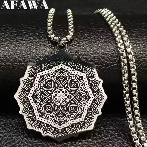 Wicca Lotus Stainless Steel Chain Necklace for Men Silver Color Yoga Mandala Buddhism Necklace Jewel