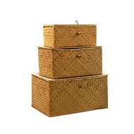 Handmade Straw Woven Storage Basket with Lid Makeup Organizer Storage Box Seagrass Laundry Baskets R