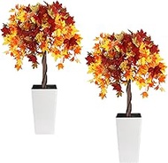 2 Set of 4FT Artificial Maple Tree, Fake Maple Leaves Tree with Wavy Planters Decorative Topiary Pla