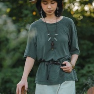 軍綠色 棉麻毛邊翻邊寬鬆短袖T恤