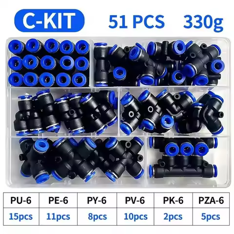 51 PCs Boxed PU-6/PE-6/PZA-6/PY-6/PV-6/PG-6/PK-6 Pneumatic Connectors Kit 6mm Outer Diameter of the 