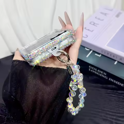 Luxury Full Shiny Diamonds Bling Case For Samsung Galaxy Z Flip 7 Flip 6 5 Flip 4 3 Pearl Chain Rhin