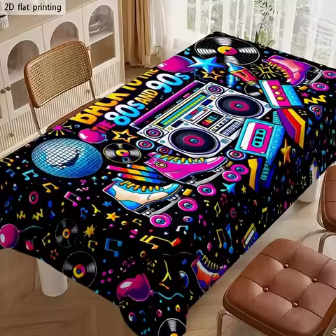 2D flat printing, 1 piece of retro 80s-90s neon music party style printed tablecloth - suitable for 