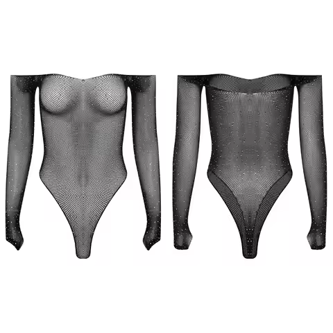 Womens Shiny Rhinestone Fishnet Bodysuit Off Shoulder Long Sleeve Stretchy Leotard Jumpsuit Nightwea
