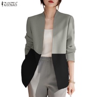 ZANZEA Women's Workplace V-Neck Contrast Splicing Long-Sleeve Blazer
