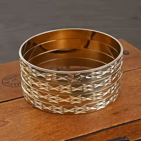 4PCS 9K Gold Color Width 8mm Different Size Hawaiian Jewelry Polynesian Gold Plated Flower Bangles G