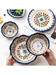 1只創意北歐風格手繪花卉邊框陶瓷沙拉碗,湯鍋,牛排盤,適用於家庭使用