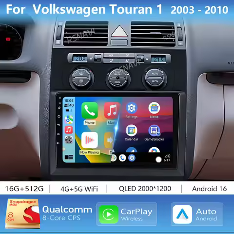 Android 16 Carplay Auto 2K Screen Car Multimedia Radio For Volkswagen Touran 1 2003-2010 WIFI+4G DSP