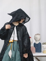 -苧麻防曬披肩尖角連體帽開衫防曬衣燈籠袖