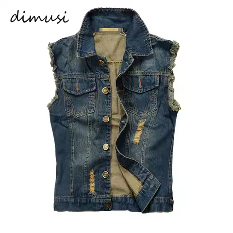 DIMUSI Summer Mens Ripped Denim Vest Male Tank Top Washed Jeans Waistcoat Man Retro Cowboy Hip Hop S