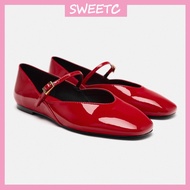 SWEETC Mary Jane Shoes Women Fashion Round Toe Patent Leather Red Ballet Flats