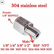 SK G1/8" Female to BSP/NPT Male Hex Adapter M10 M12 1/4" 3/8" 304 Stainless Steel Reducer for Pressu