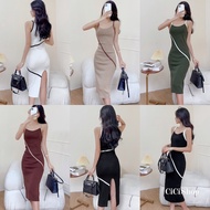 Cicishop(A821) Knitted Spaghetti Strap Dress With Striped Stripes Small Side Slit In A Cafe Style (C
