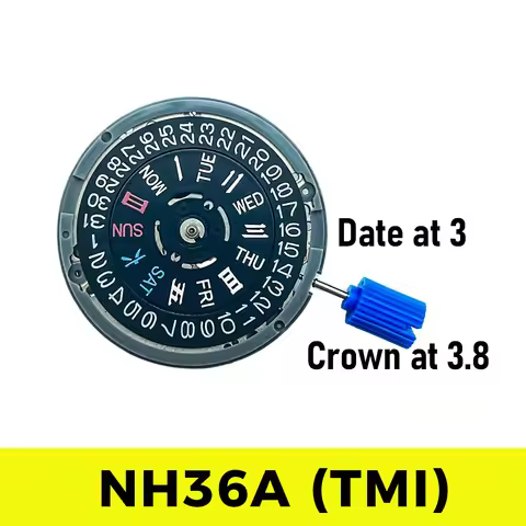 TMI NH36 NH36A HANZI Black Date Wheel Crown at 3.8 Automatic Movement Day/Date at 3 O'clock