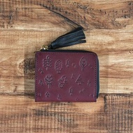 【日本手工製】栃木皮革 短皮夾 壓花 流蘇吊飾 RFID防磁 酒紅色