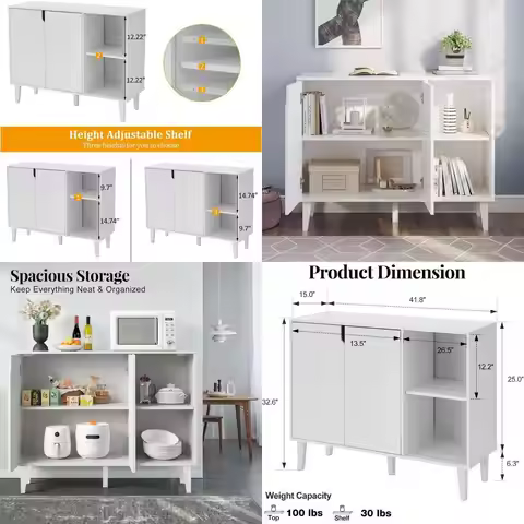 White 2-Door Sideboard with 2 Shelves, 41.8L x 15W x 32.5H, Kitchen Buffet Cabinet Storage