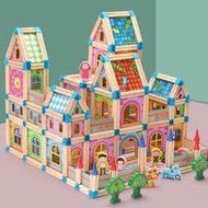 木製建築大師積木 兒童早教拼插房屋模型拼裝多彩房子玩具