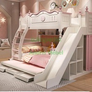 Tempat tidur tingkat anak dewasa 3 kasur sorong perosotan rak lemari