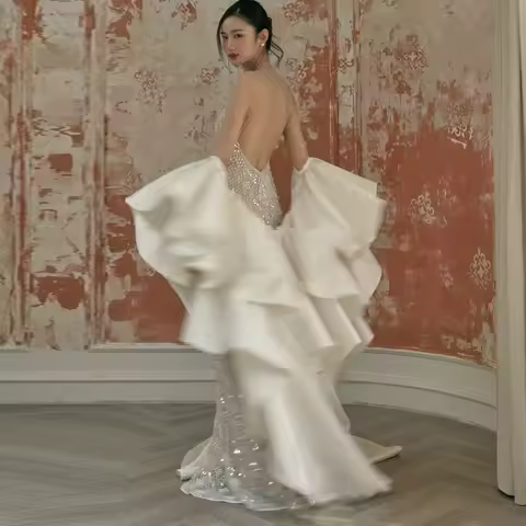 Elegant Layers Satin Wedding Cape Voluminous Bridal Jacket,Detachable Short Sleeves Wrap Chic TSWD45