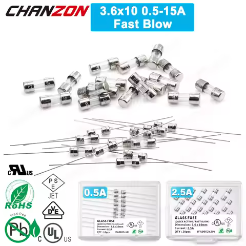 3.6x10mm Fast Quick Blow Glass Tube Fuse 0.5A 1A 1.5A 2A 2.5A 3A 3.15A 5A 6.3A 10A 250V 125V 12V Axi