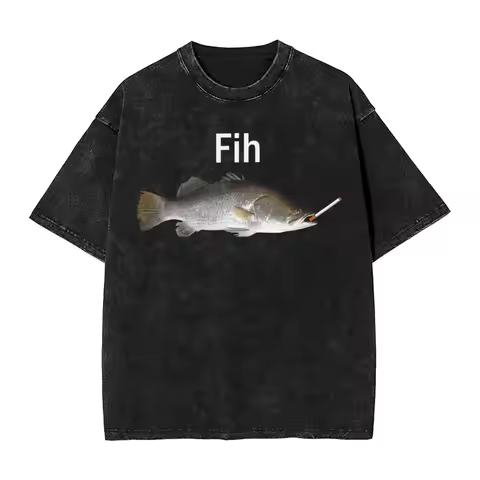 Fih Funny Misspelled Fish Meme Fish Smoking Simple Humor Washed T Shirt Male Cotton T-Shirts Summer 