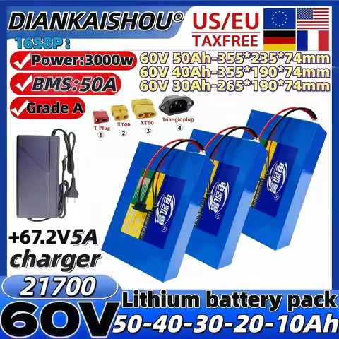 60V 10Ah 20Ah 30Ah 40Ah 50Ah High Power 3000W 21700 Lithium Battery Pack for Motorcycle Tricycle wit